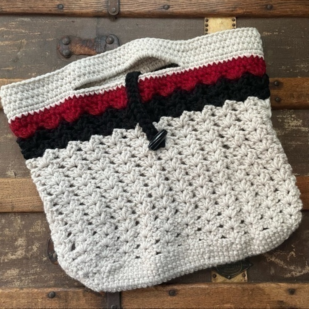 Handmade Crochet Beach Tote Oversize Purse Bag Cream Red Wine Black Boho Handbag